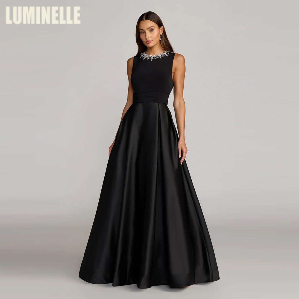 Crepe-Satin A-line Evening Dresses 2026 Luxury O-neck Long Empire Waist فساتين سهرة Beaded Party Dress Customized