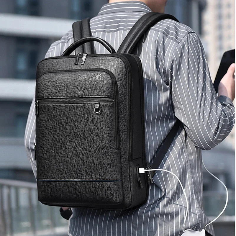 エグゼクティブバックパック男性 PU レザーサッチェル USB 充電ブリーフケースオフィス旅行ラップトップオフィスビジネスショルダーバックパック男性