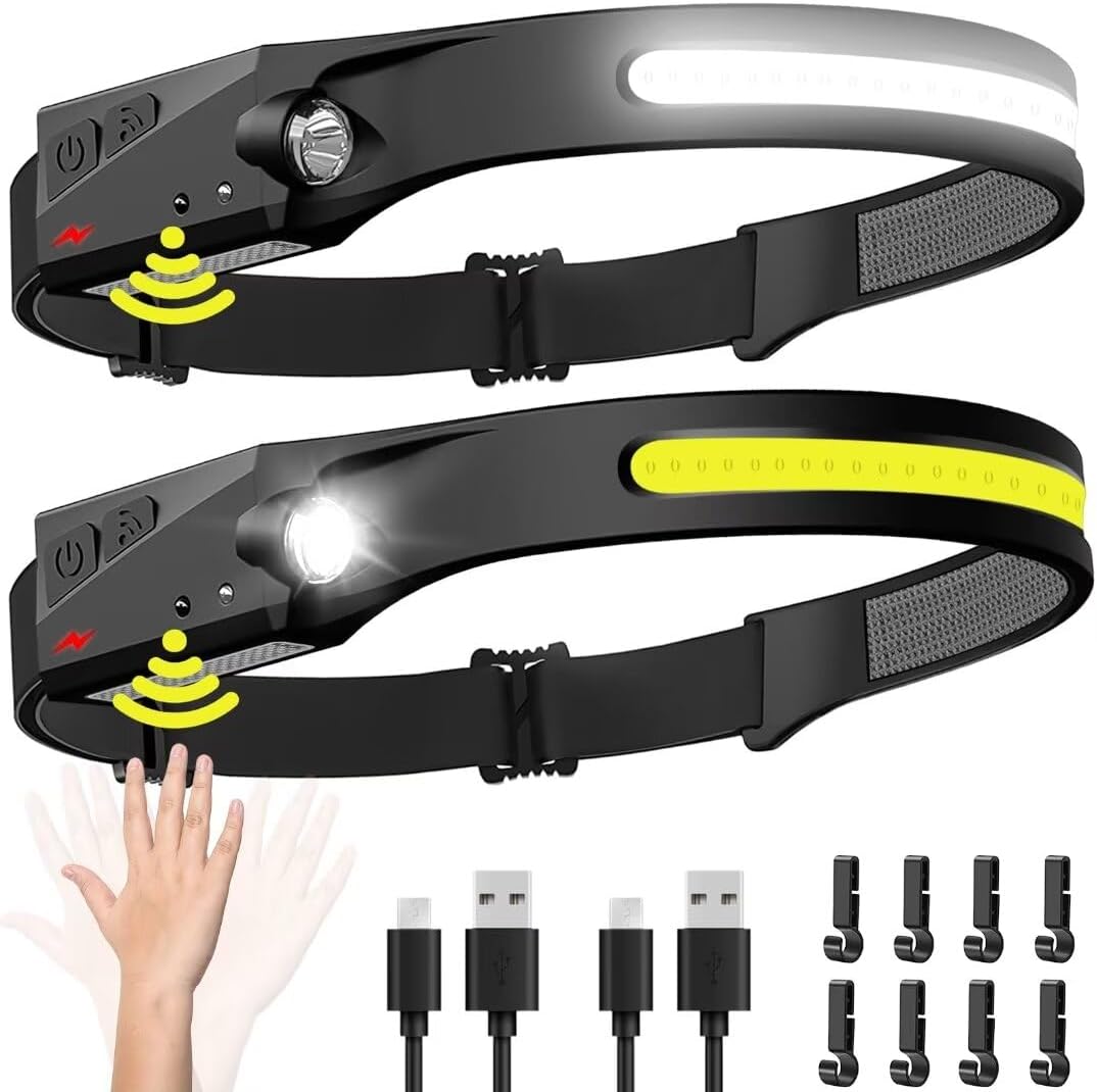 ヘッドランプ 充電式 2個、230°ワイドビームヘッドランプ LED モーションセンサー付き 大人用 - キャンプアクセサリーギア、防水ヘッドライト懐中電灯 ハイキング、ランニング、修理、釣り、サイクリング用
