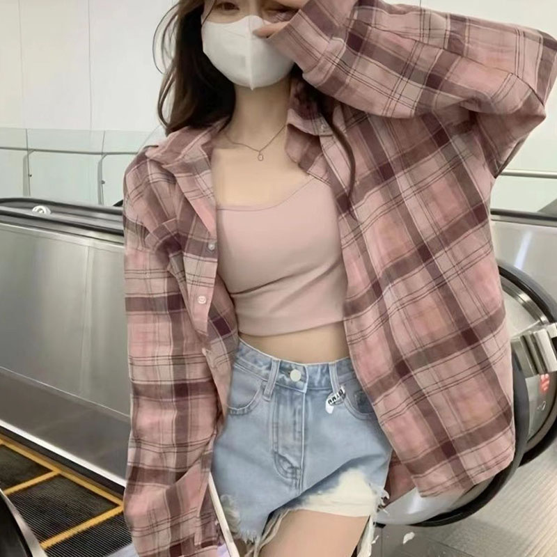 Xpqbb ピンクのチェック柄ブラウス女性のための韓国のファッション長袖チェックシャツレディース秋の新カジュアルルーズシングルブレストシャツ