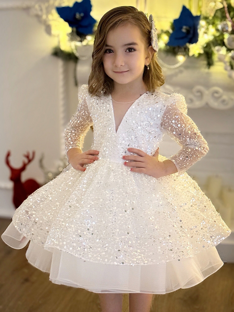 カスタマイズされたフラワーガールのドレスホワイトチュールふわふわティアードスパンコール長袖結婚式誕生日パーティー宴会プリンセスガウン