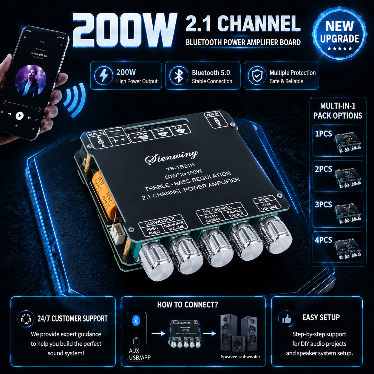 4PCS YS-TB21H 200W 2.1CH Bluetooth Amplifier Board HiFi Stereo Audio AMP Subwoofer 12V-24V DIY Home Car Speaker System