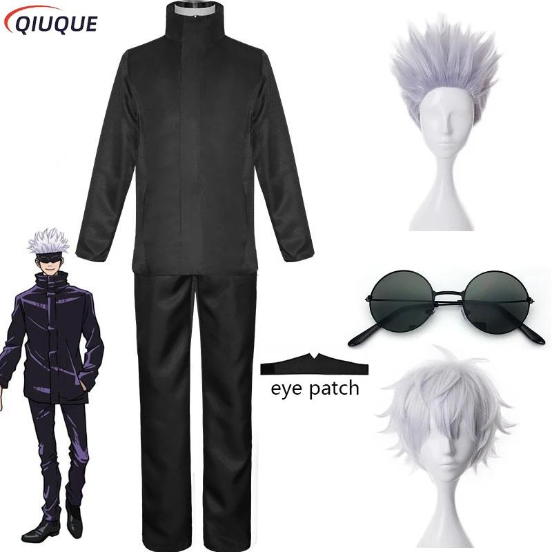 110-3XL ブラック/ブルー五条悟コスプレ衣装眼帯かつらメガネアニメハロウィンパーティーユニセックス制服