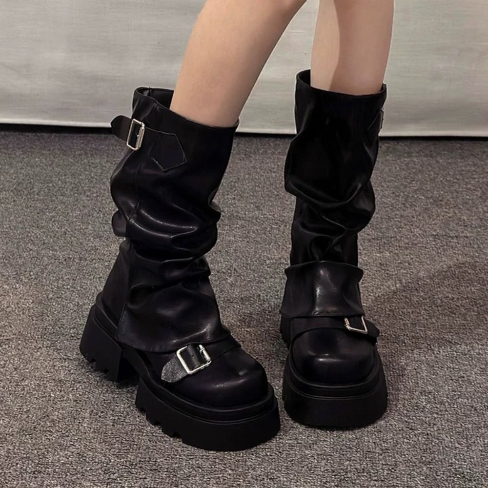 新デザインの女性バイカーブーツプラットフォームベルトバックル女性のニーハイブーツ原宿グラディエーター Y2K パンクミッドパイプブーツ女の子