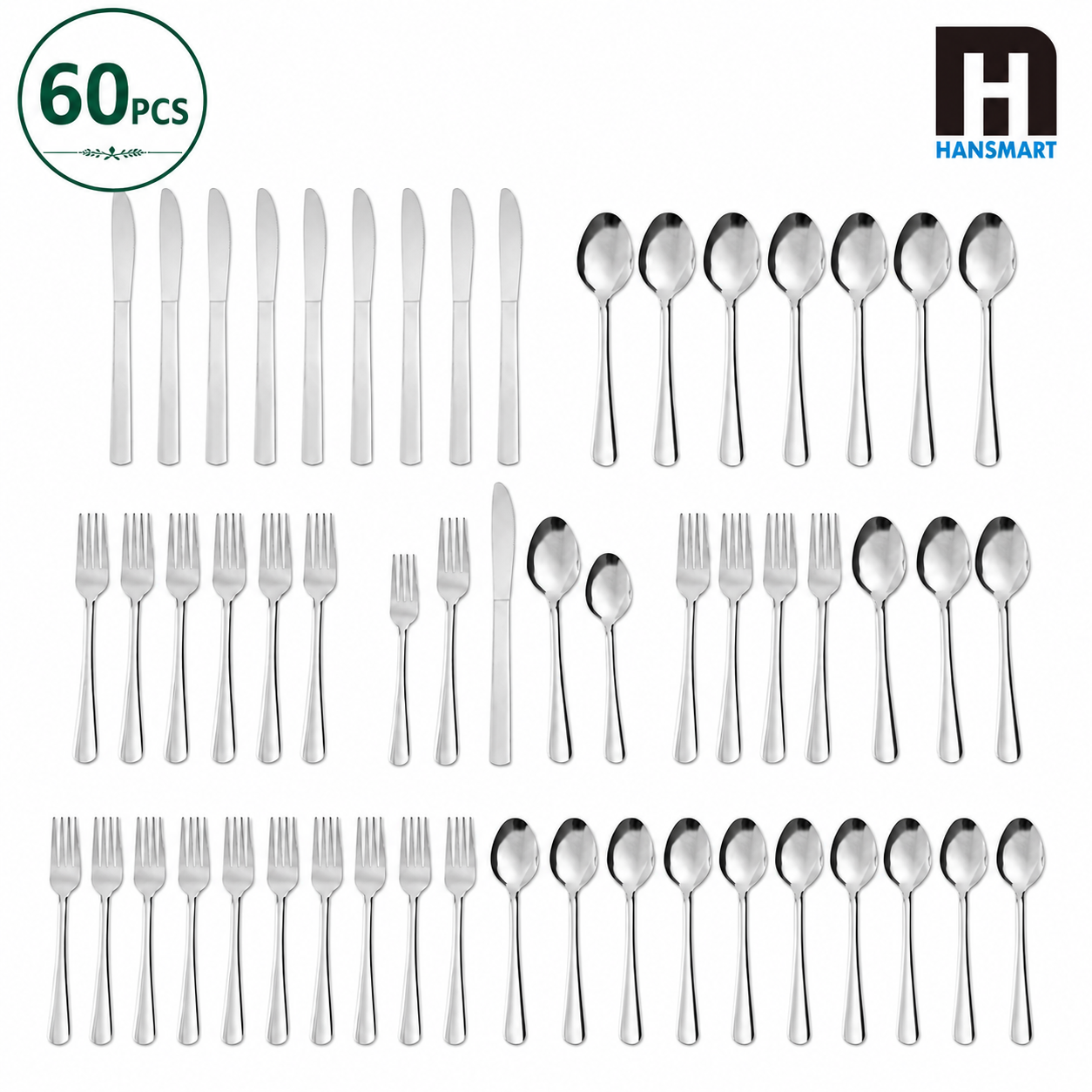 HANSMART 60個 ステンレススチール 食器セット サービス 12垂直リブハンドル シルバーウェア カトラリーセット ディナーフォーク サラダフォーク スプーン ナイフ キッチン 食器 食洗機対応 ホーム ウェディングギフト
