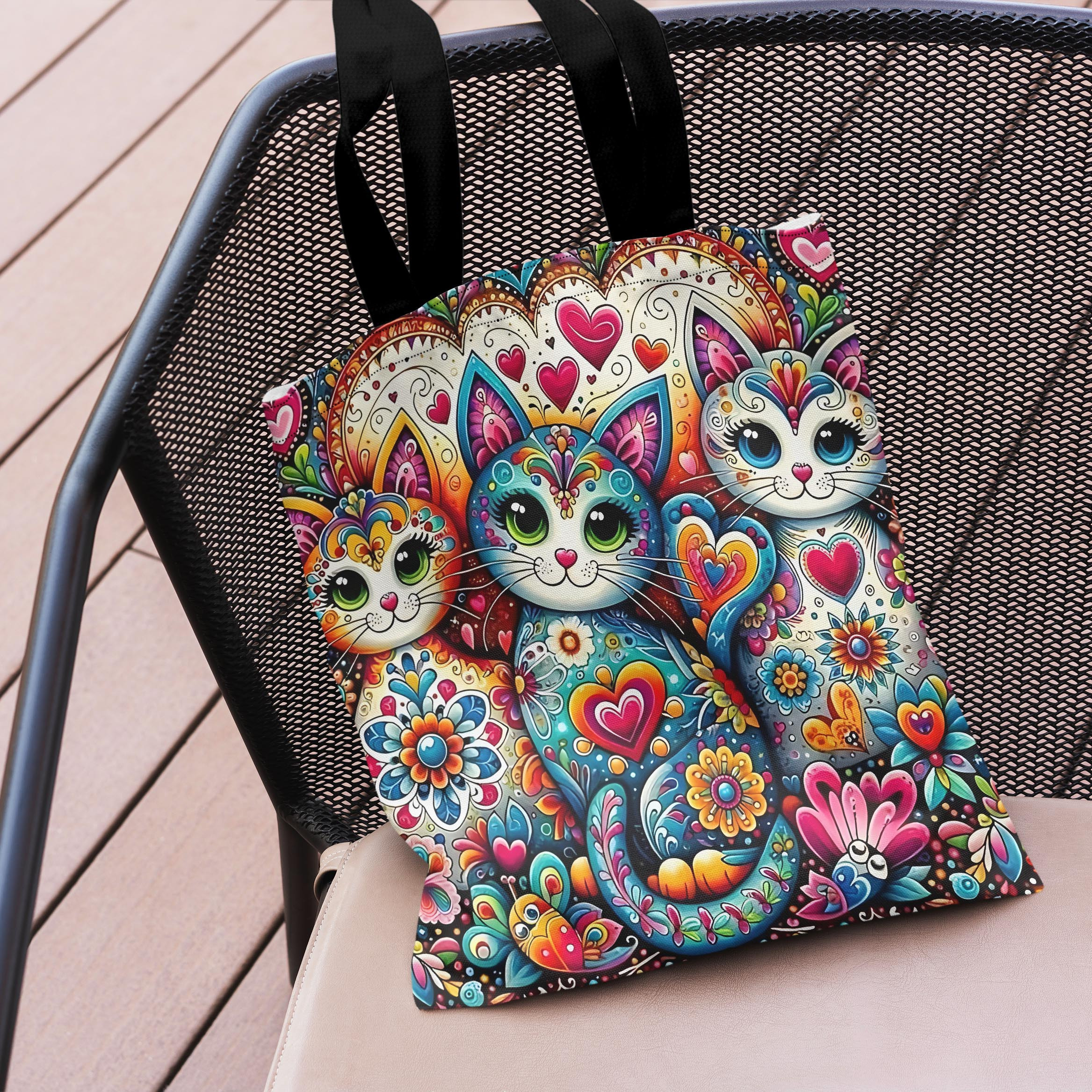 1pc カラフルなシックな花猫ショルダー折りたたみショッピングバッグアニマル柄プリントバッグ収納トートバッグ大容量トラベルバッグ