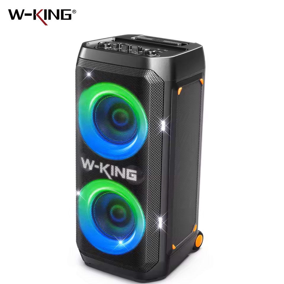 W-KING T12 ポータブル Bluetooth スピーカーボックス、最大 370W プロサウンド、ライトショー、CSB、低音ブースト、ホイール、伸縮ハンドル付き