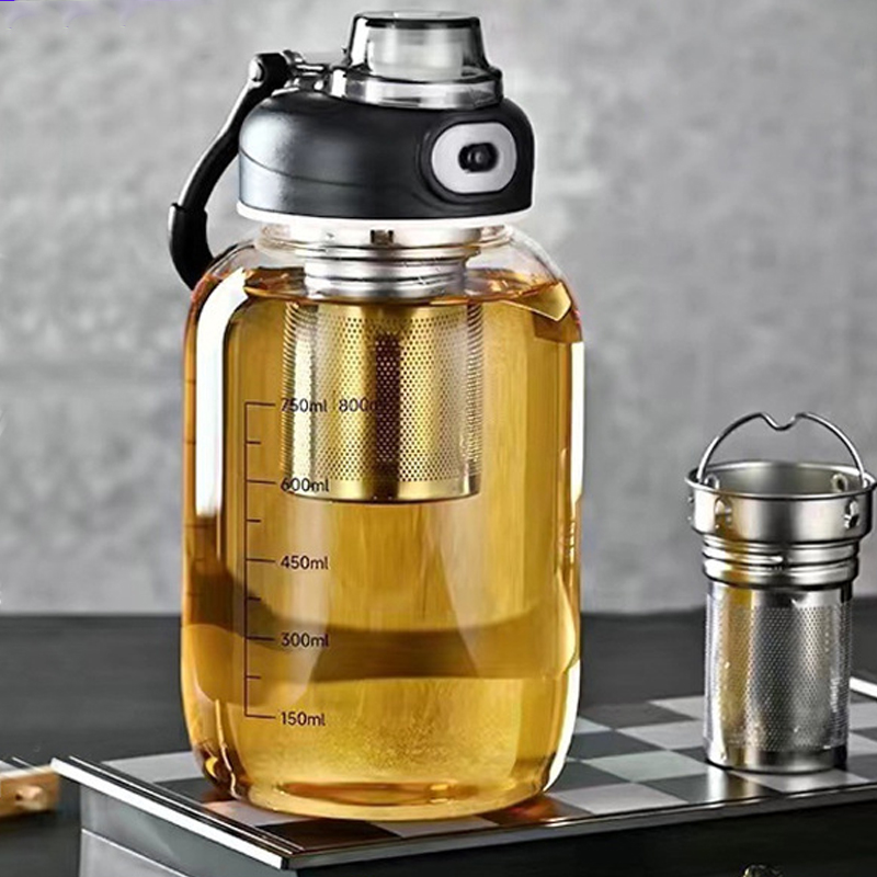 Large Capacity Glass Water Bottle with Tea Infuser 800/1000/1500ml Leak-Proof Flip-Top Lid with Neoprene Sleeve for Outdoor