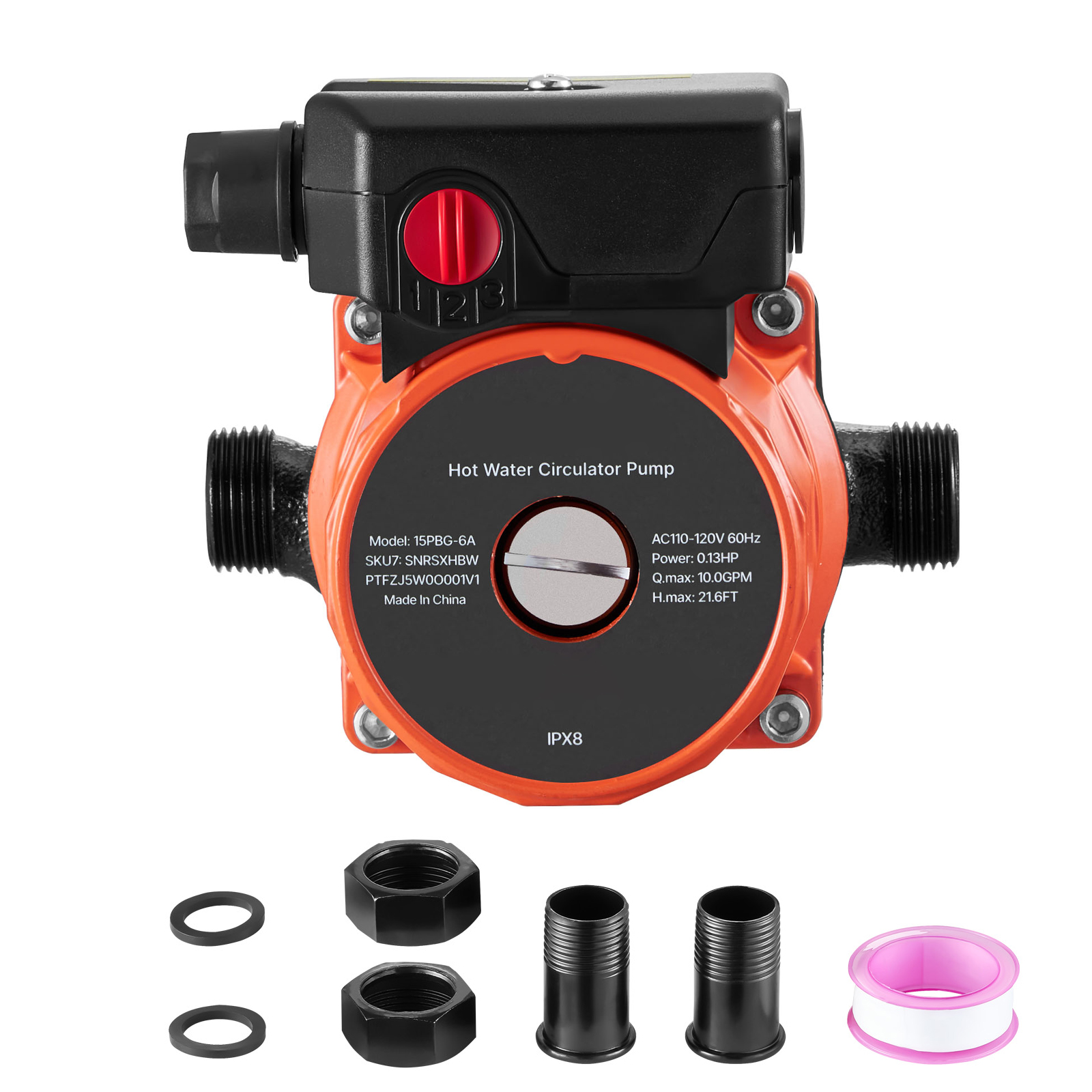 SucceBuy 温水再循環ポンプ 10 GPM 3 速度制御 0.13 HP 110-120V NPT 3/4 から 1/2 アダプター ステンレス鋼/鋳鉄