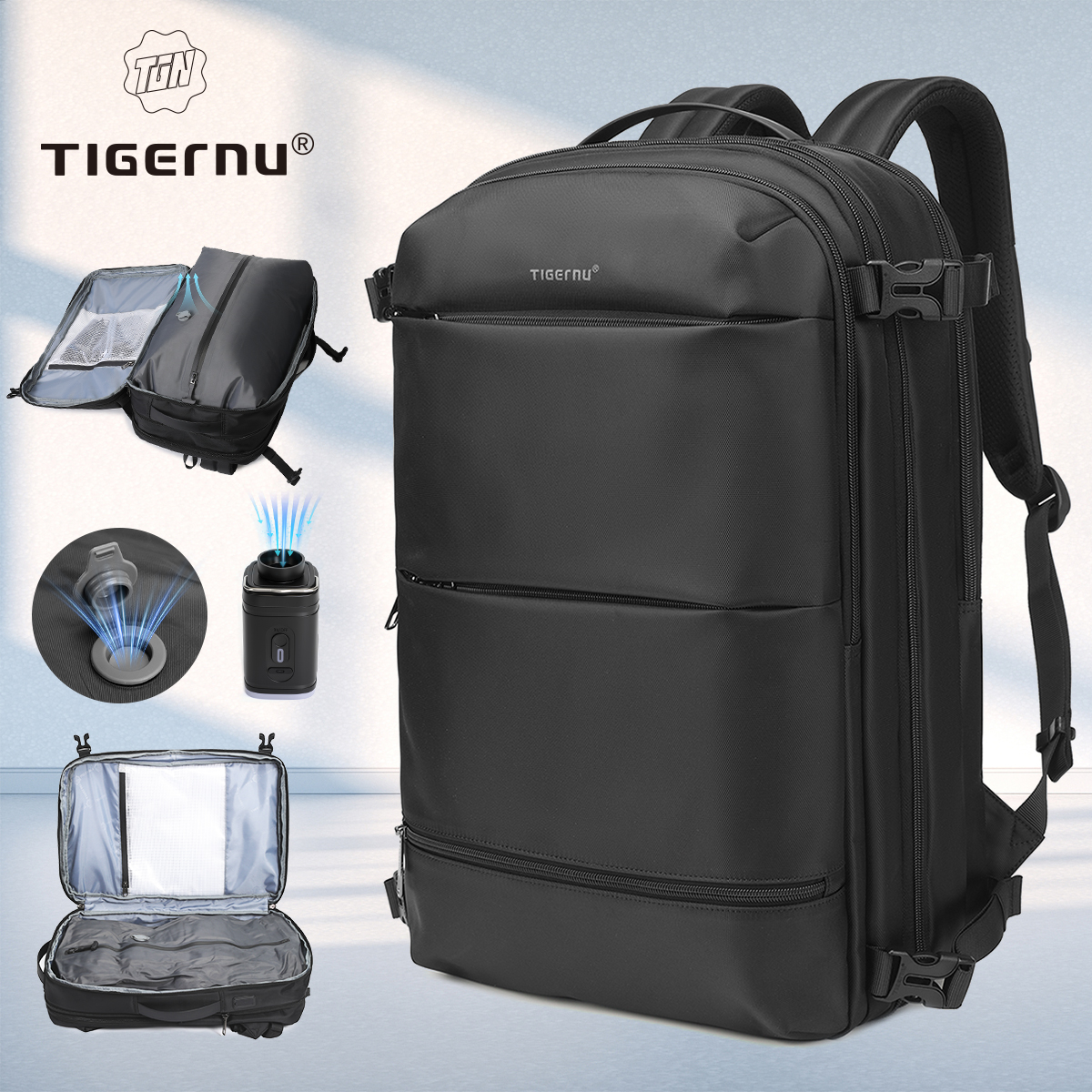 Tigernu 真空圧縮バックパック男性旅行バックパック拡張可能な USB バッグ大容量 17 ラップトップバッグ Schoo 用キャビンバッグ