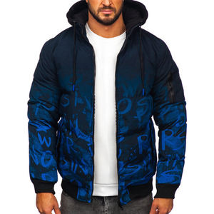 Custom Men's Navy Blue Winter Canvas Jacket, Breathable Polyester Quilted Insulated Windbreaker, Front Zipper, with Logo and Hood