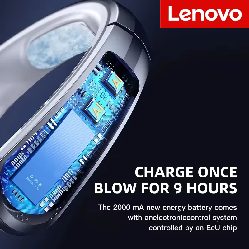 Lenovo エアクーラー 8000mAh USB ネックハンギングファン ポータブル ブレードレス ミニ 充電式 静音 LED デジタルディスプレイ 電動ファン 2026