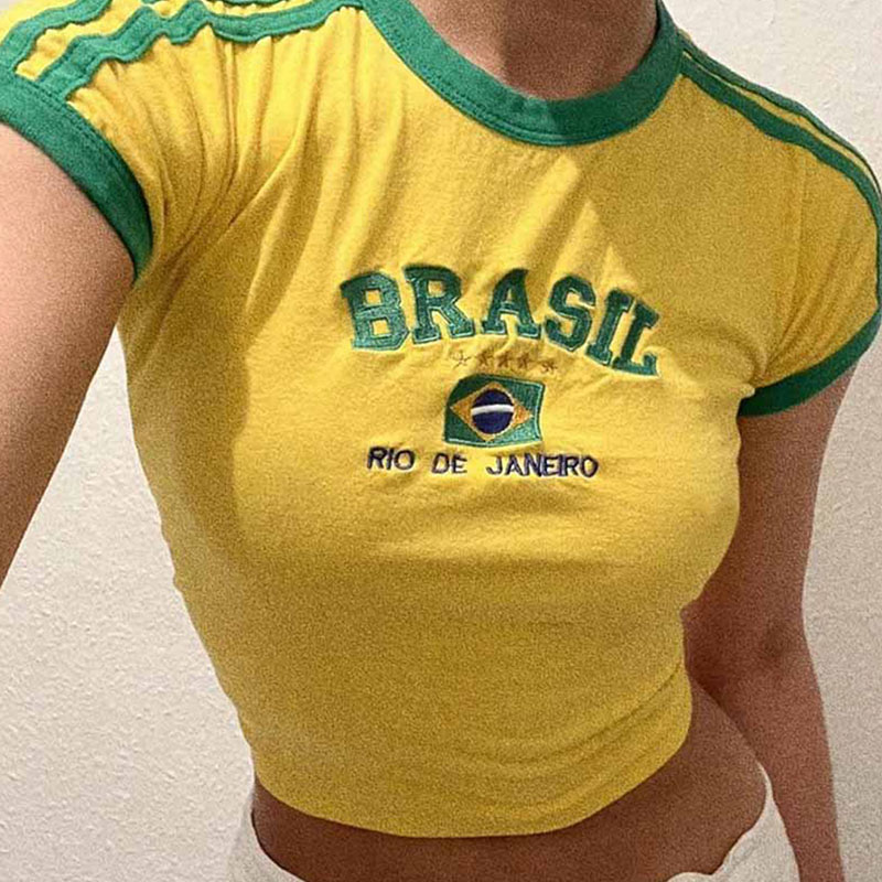 レディース美的ブラジルレタープリント Tシャツとショートパンツスーツ、ヴィンテージグランジ半袖ベビー Tシャツ、サマークロップトップ Y2k 服