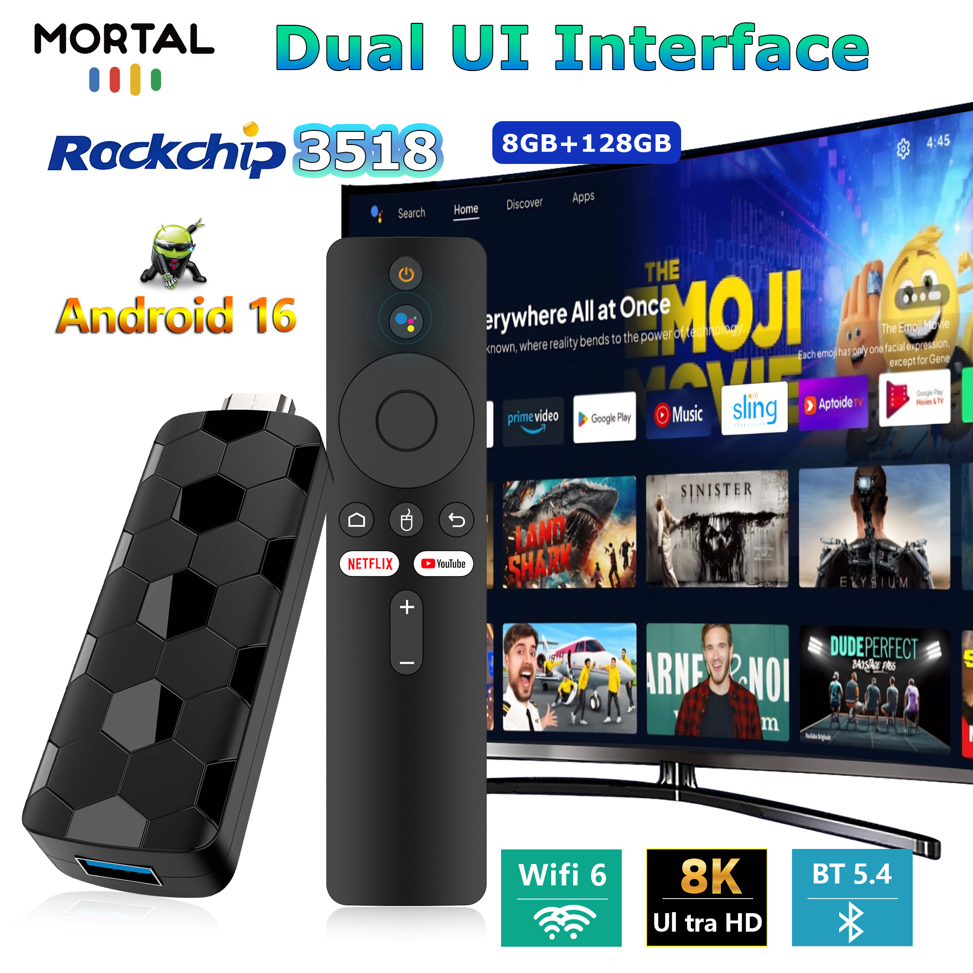 2025 新しい R3 スマート Android TV スティック Rockchip RK3518 Wifi6 デュアルブランド 8 ギガバイト 128 ギガバイト 8 K 3D HDR Google 音声リモコン DC 5V 2A