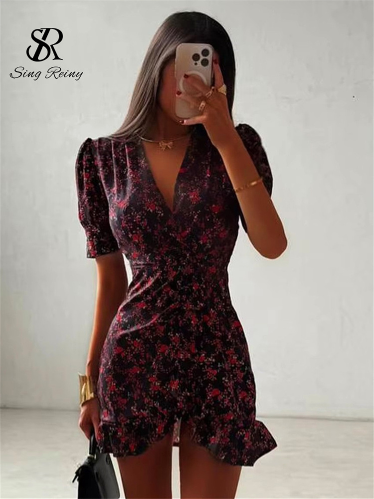 SINGREIN Fashion Slim Print Women's Dress 2026 Summer V-Neck Short Sleeve Chic Lady Elegant Classic High Waist Female Mini Dress