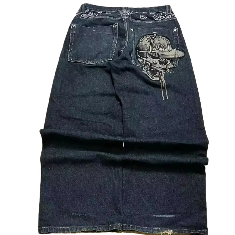 ストリートファッショントレンドスカル刺繍ジーンズ女性原宿 Y2K 新ヒップホップジョーカーストレートワイドレッグパンツカップルカジュアルジーンズ