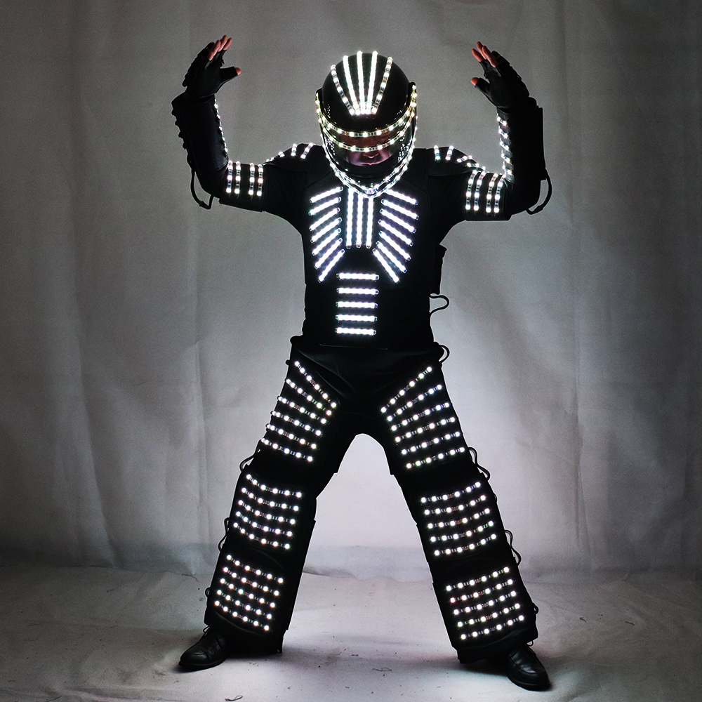 フルカラーRGB LED発光ロボットコスチュームLEDヘルメットステージパフォーマンスウェア付き
