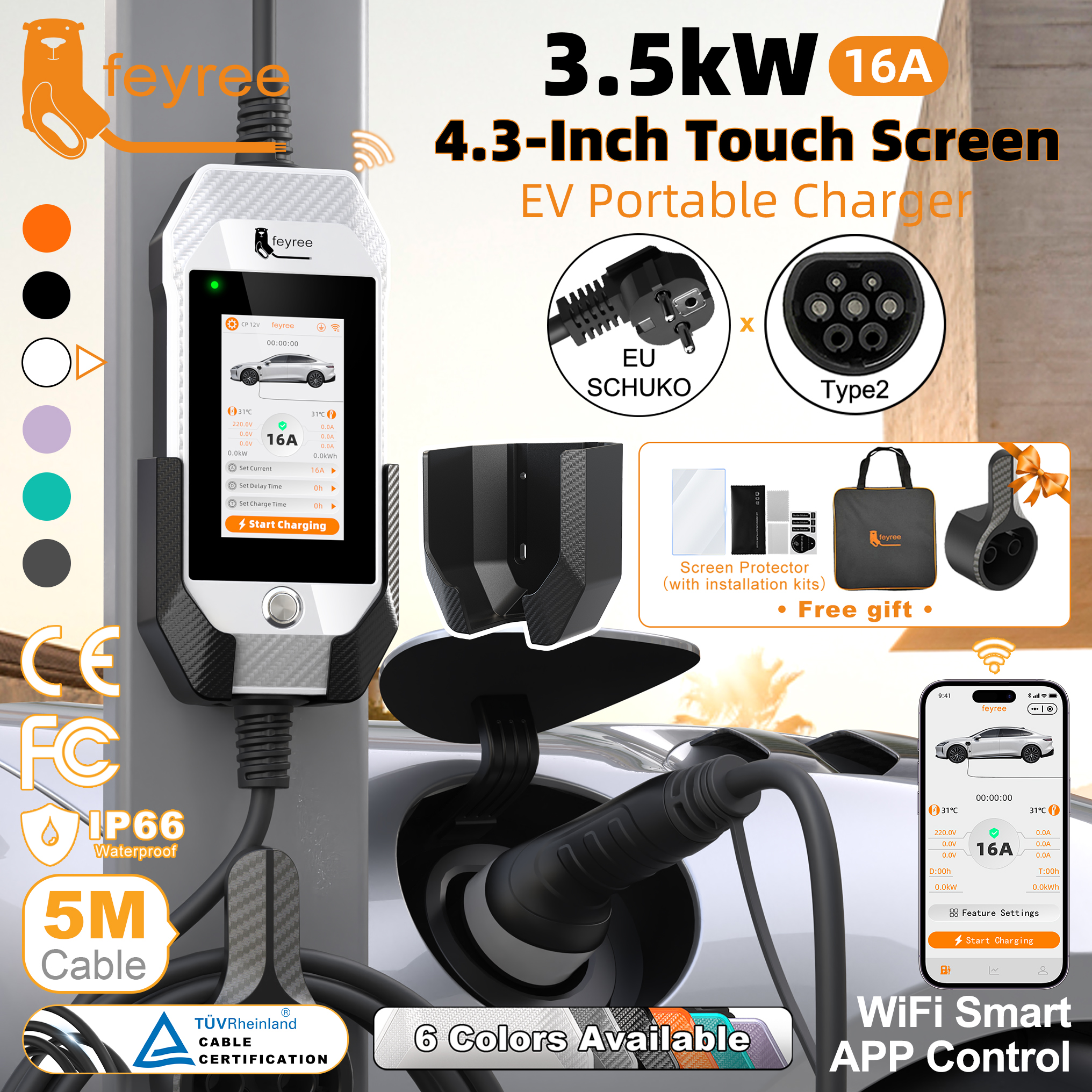 Feyree ポータブル EV 充電器 3.5kW 16A タイプ 2 | 4.3 インチ タッチスクリーン、WiFi APP コントロール、充電履歴 |電気自動車用5Mケーブル