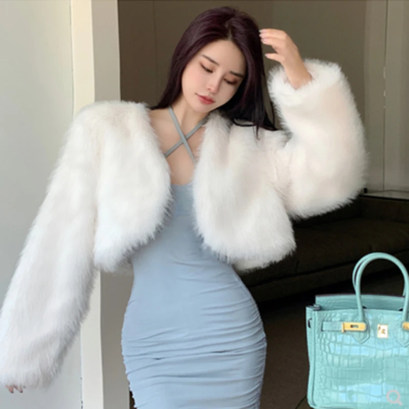 韓国ファッション女の子毛皮カーディガンショートカットルーズ長袖冬暖かいホット販売フェイクファーコート無地オフィスレディジャケット