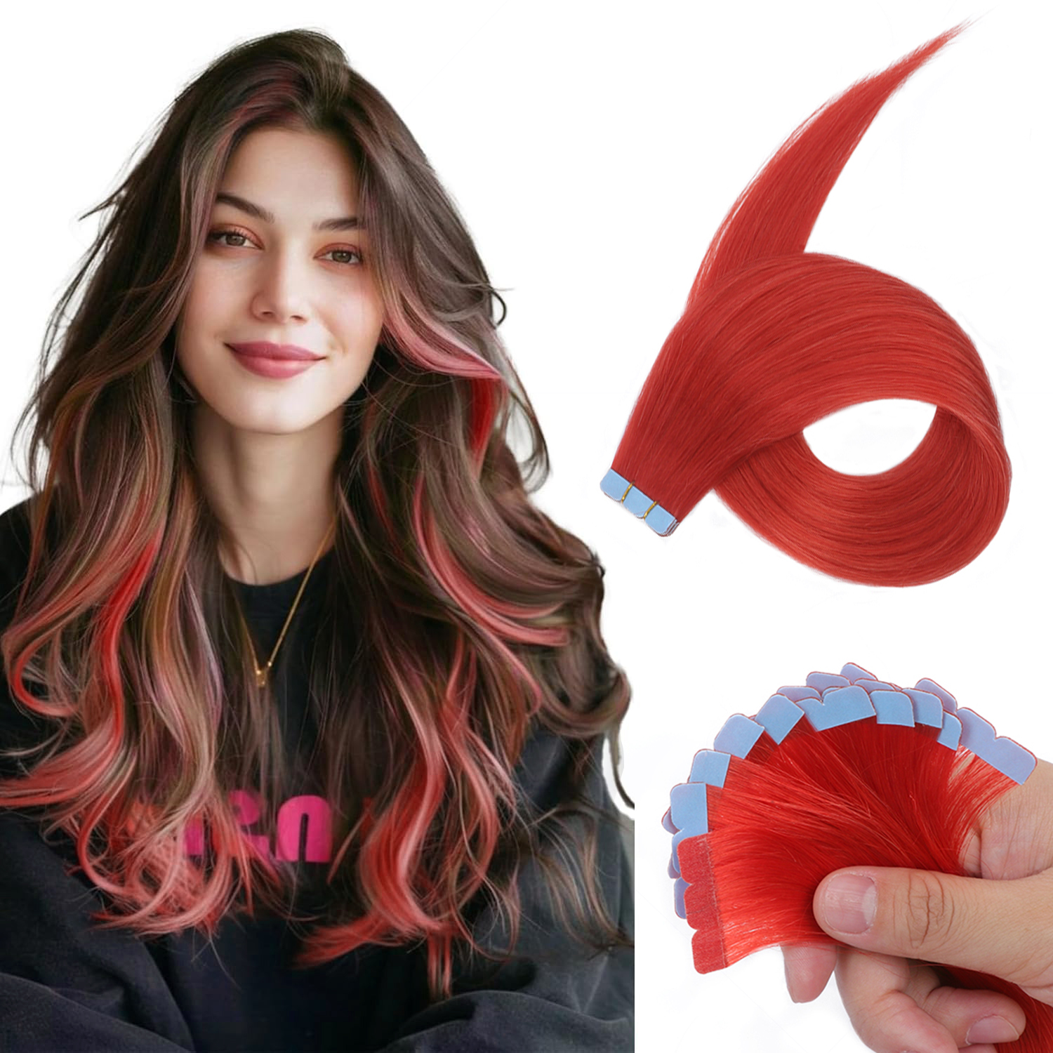 カラフルなミニテープインヘアエクステンション人毛スキン横糸機レミーレッドナチュラルストレート 12-20 インチ 10 個テープインエクステンション