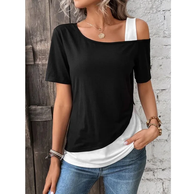 シックなカラーブロッキング半袖女性ソリッドカラーオフショルダー非対称 Tシャツ女性の夏のカジュアルトップス