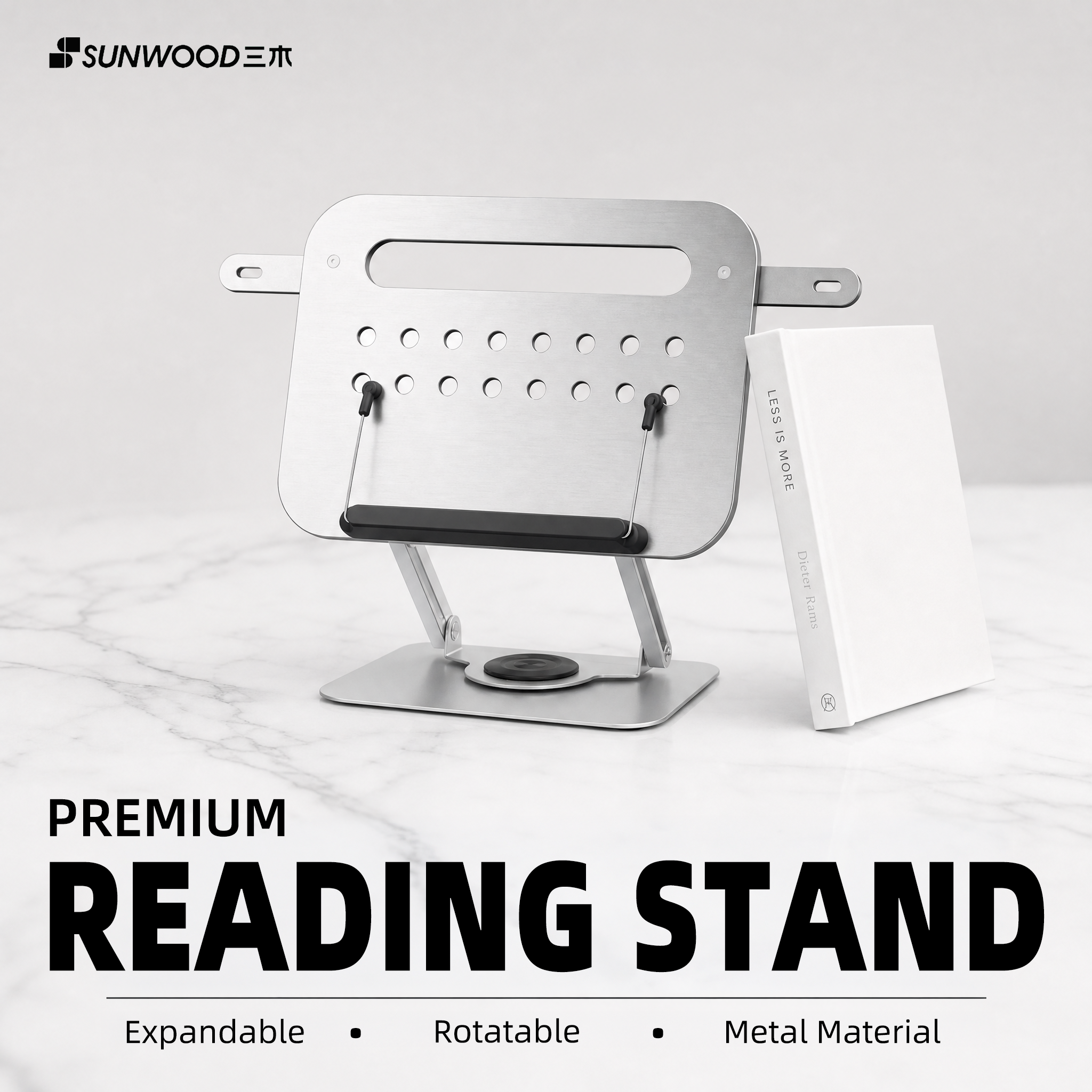 SUNWOOD R55 シルバーデュアルバー拡張可能な 360 度回転読書スタンドブックページホ​​ルダー多機能折りたたみタブレット冷却スタン
