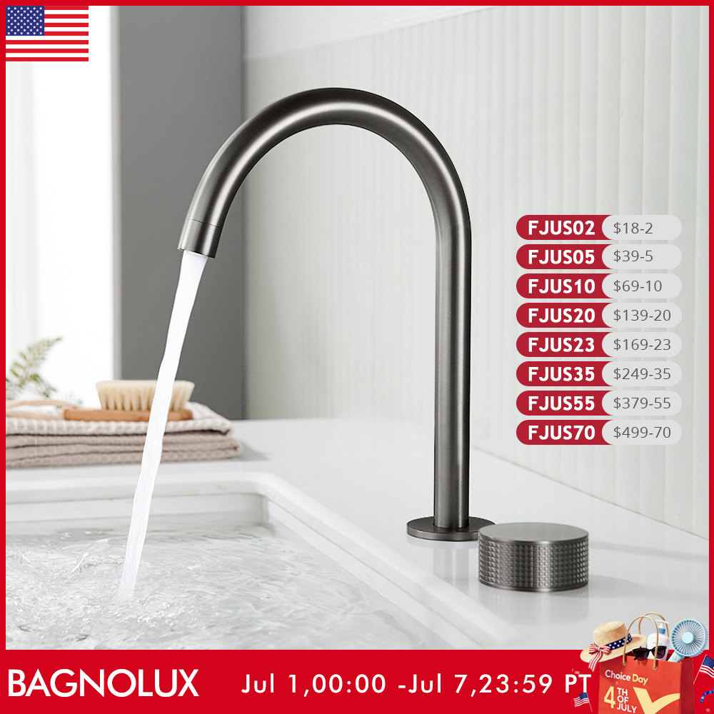 ガンメタル洗面台の蛇口ローレットスイッチ 360 回転スパウト 2 穴デッキマウントシンクタップバスルームワイドスプレッドミキサー 2 セット