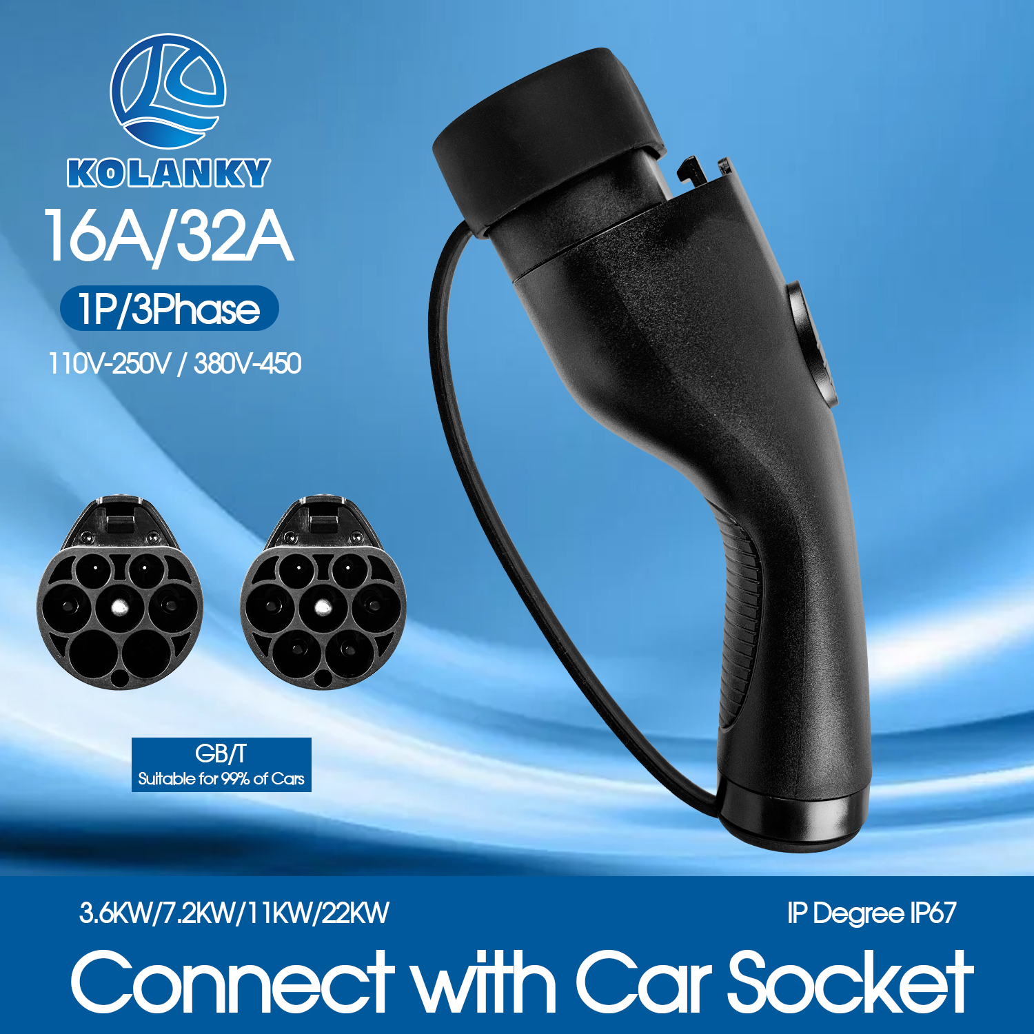Kolanky 16A/32A GBT EV 充電器プラグ電気自動車充電ガンヘッド 3.6kw/7.2kw/11kw/22kw 1P/3P EV 充電器 GBT オスプラグ IP67