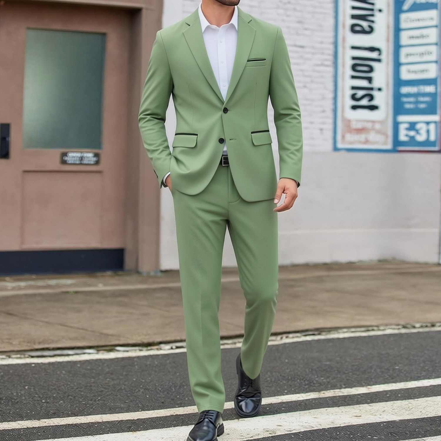 メンズカジュアルツーピーススーツセット2つのボタンフルーツグリーンカラーレジャーファッション紳士服ツーピーススーツセット