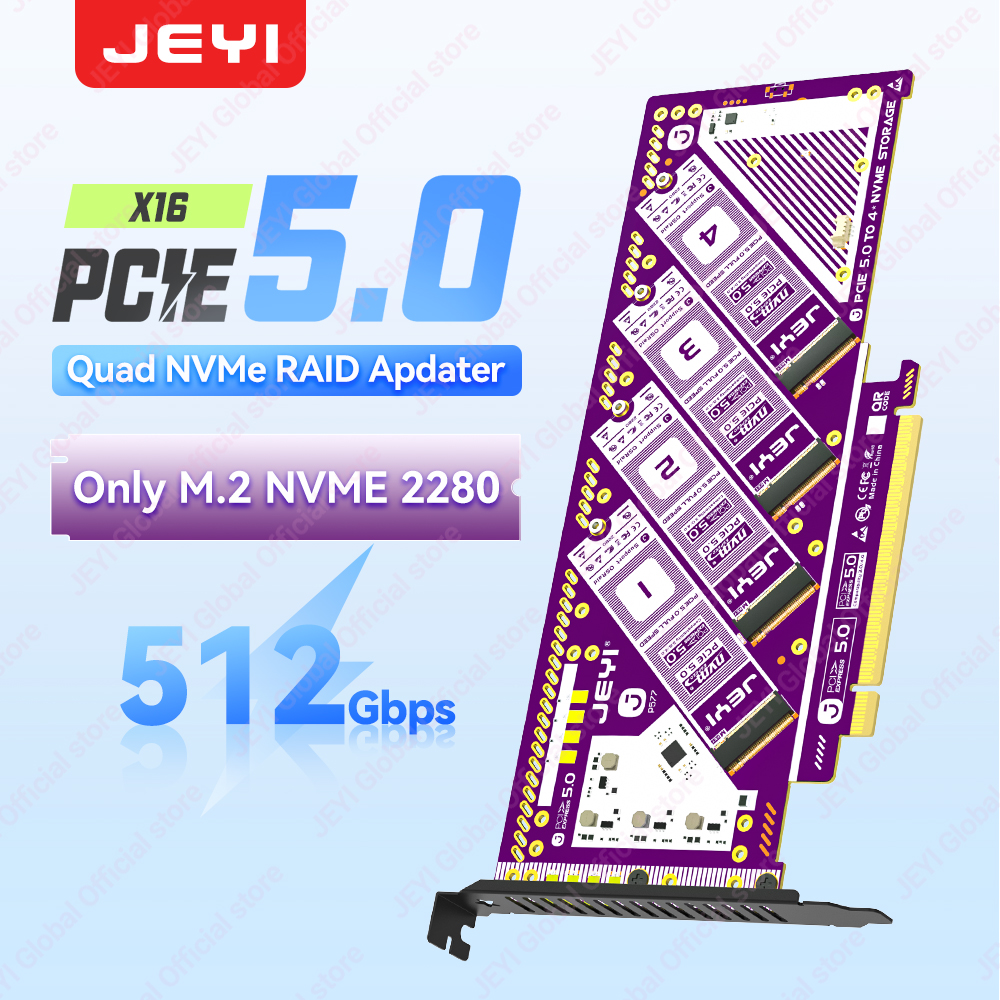 JEYI PCIe 5.0 X16 クアッド M.2 拡張カード - 4ベイ NVMe RAID 0/1/5/JBOD | 512Gb/s の速度 | SSD あたり 8TB | PCIe 4.0/3.0 互換