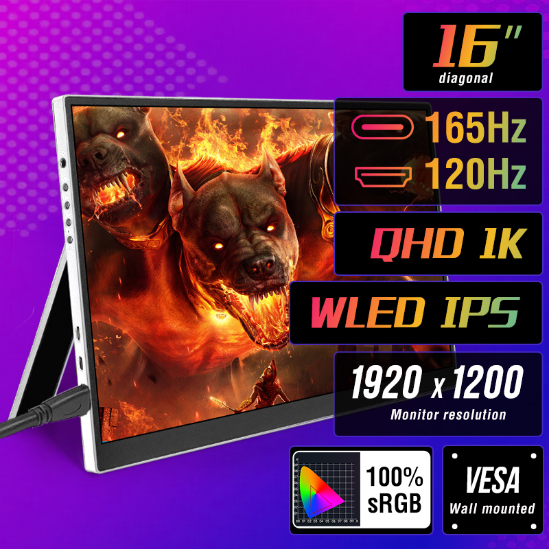 16 インチポータブルゲームモニター 165Hz/120Hz 300cd/m 低ブルーライト XBox PS4/5 スイッチ携帯電話 PC ラップトップ拡張