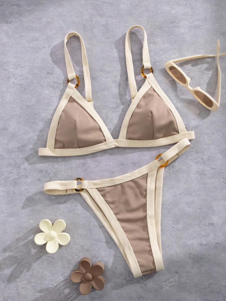 スプライシングリブハイカットリングビキニ女性水着女性水着ツーピースビキニセット入浴者水着水泳ビーチウェア