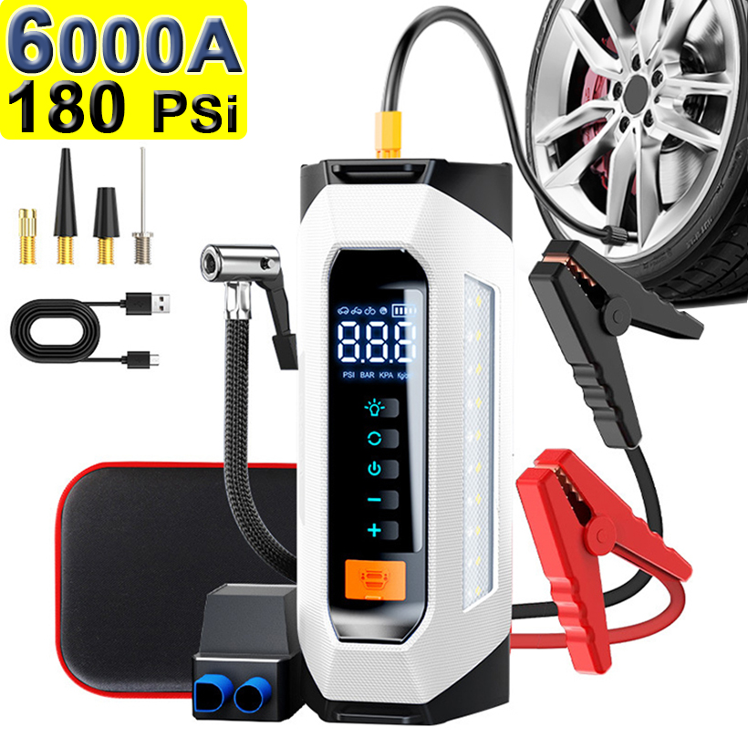 6000A 180psi 5 In1 車緊急バッテリーパックライト 12v ブースター始動装置コンデンサーコンプレッサージャンプスターターエアポンプ付き