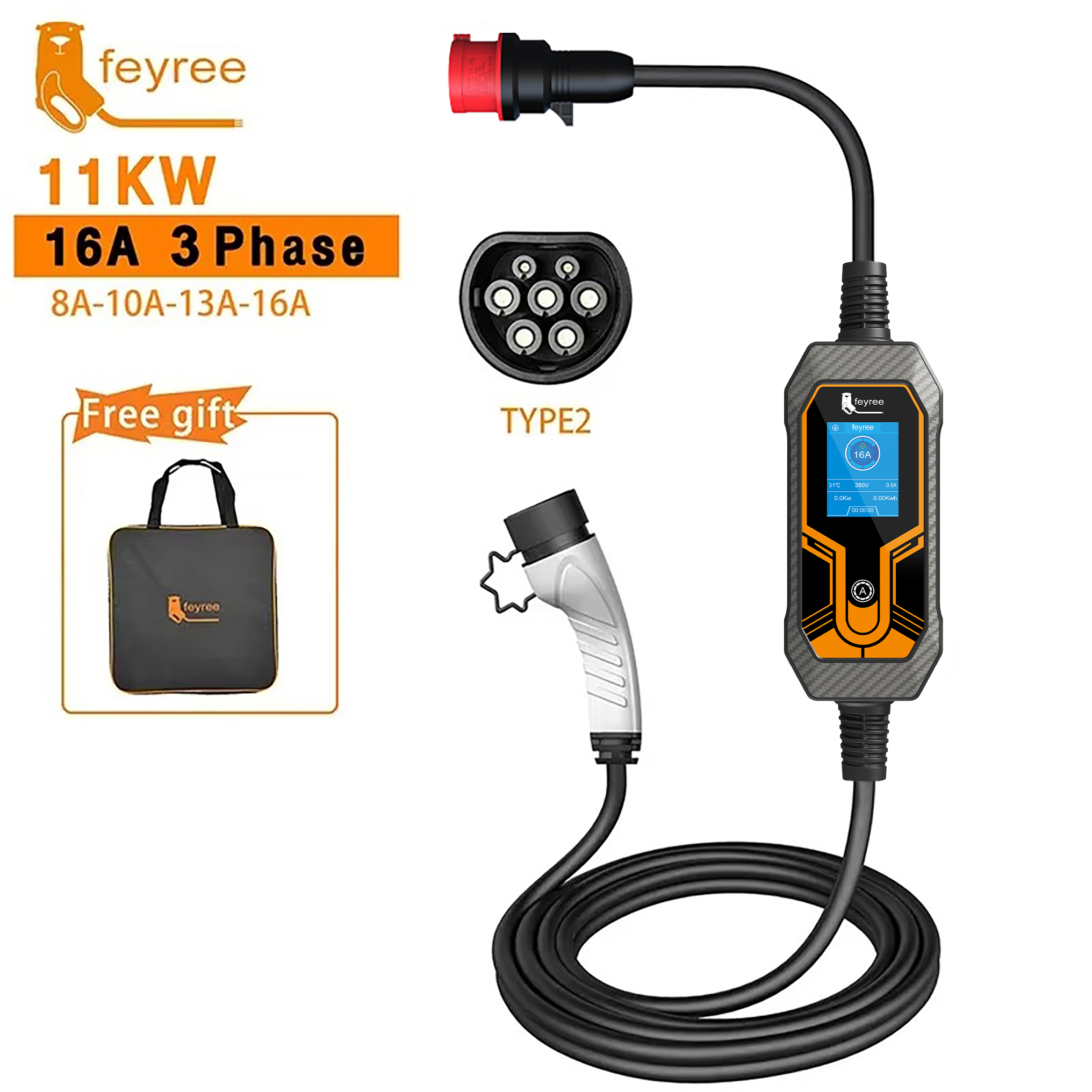 Feyree 11KW 16A EV ポータブル充電器 Type2 EVSE 充電ボックス電気自動車の充電器 CEE プラグ IEC62196-2 電気自動車の充電器