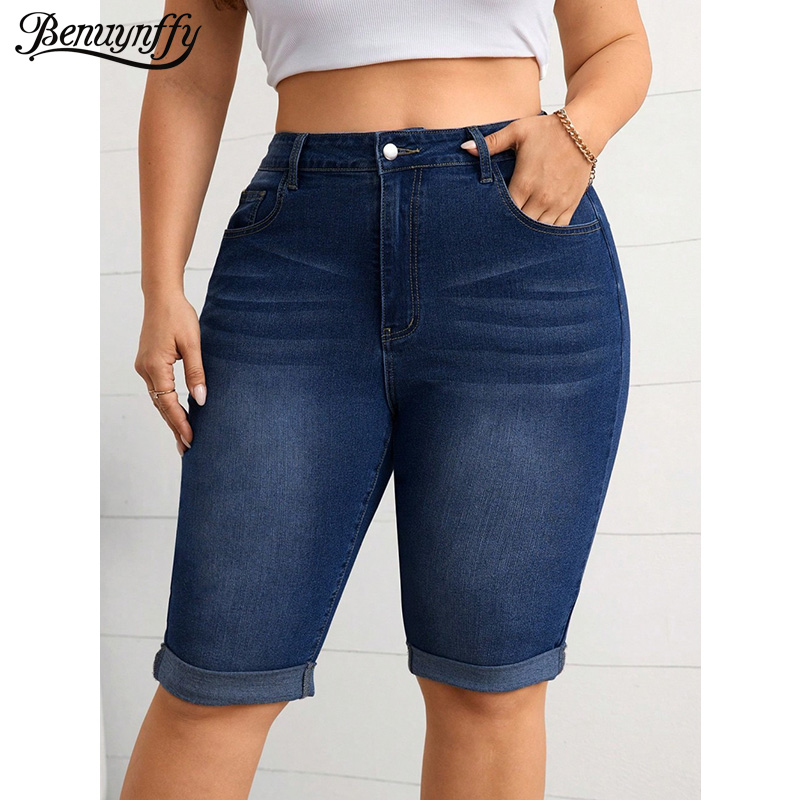 Benuynffy プラスサイズヴィンテージミッドウエストロールヘムペンシルジーンズ女性夏ウォッシュブルーストレッチデニムハーフパンツストリート