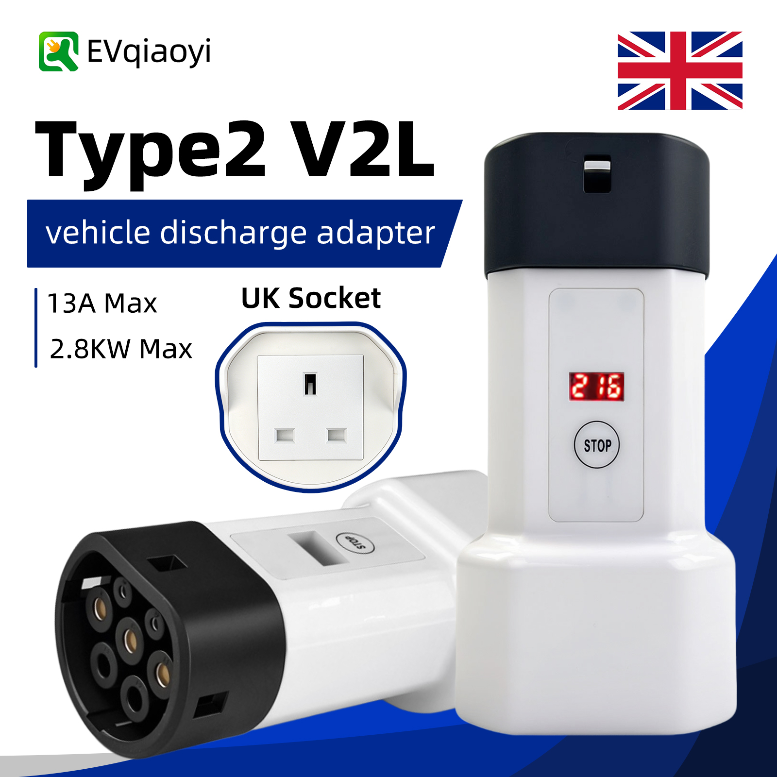 EVqiaoyi タイプ 2 V2L 放電アダプター スクリーン付き 13A 英国使用ソケット屋外発電所 BYD、MG4、ルノー、Jaecoo 7用
