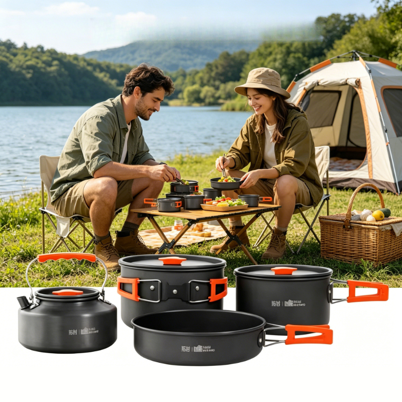 Tuocun 10 個ポータブルキャンプ調理器具セットオレンジハンドル付き屋外ピクニックワイルドクッキング用