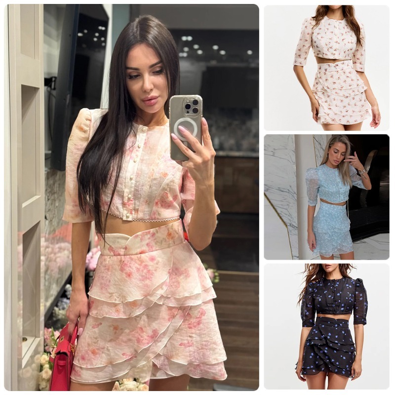 French Gentle Style Waist-cinching Set Floral Ruffle Women's Mini Skirt Two-Piece Set 2026 Summer Short Tieredirt Women's