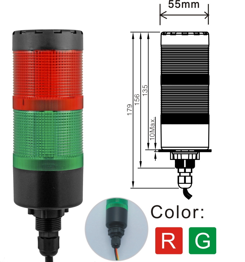 ELEWIND 55mm LED 信号塔 断続光またはブザー付き連続光 (YWJD-55A/D/2/RG/24V ～ 220V)