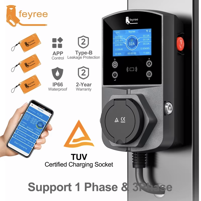 Feyree Type2 EV 充電器ソケットバージョン 22KW スマート電気自動車充電器 TS-NACS Type1 GB/T プラグ EVSE ウォールボックス WIFI APP 制御用
