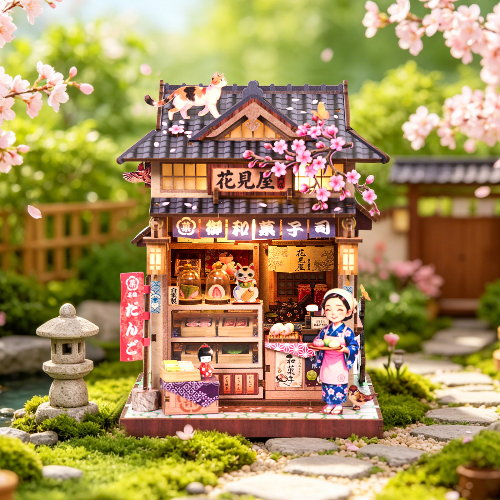 DIY ミニチュアドールハウスブックヌークキット 3D 木製パズル花宮和菓子店モデル構築家の装飾ギフト