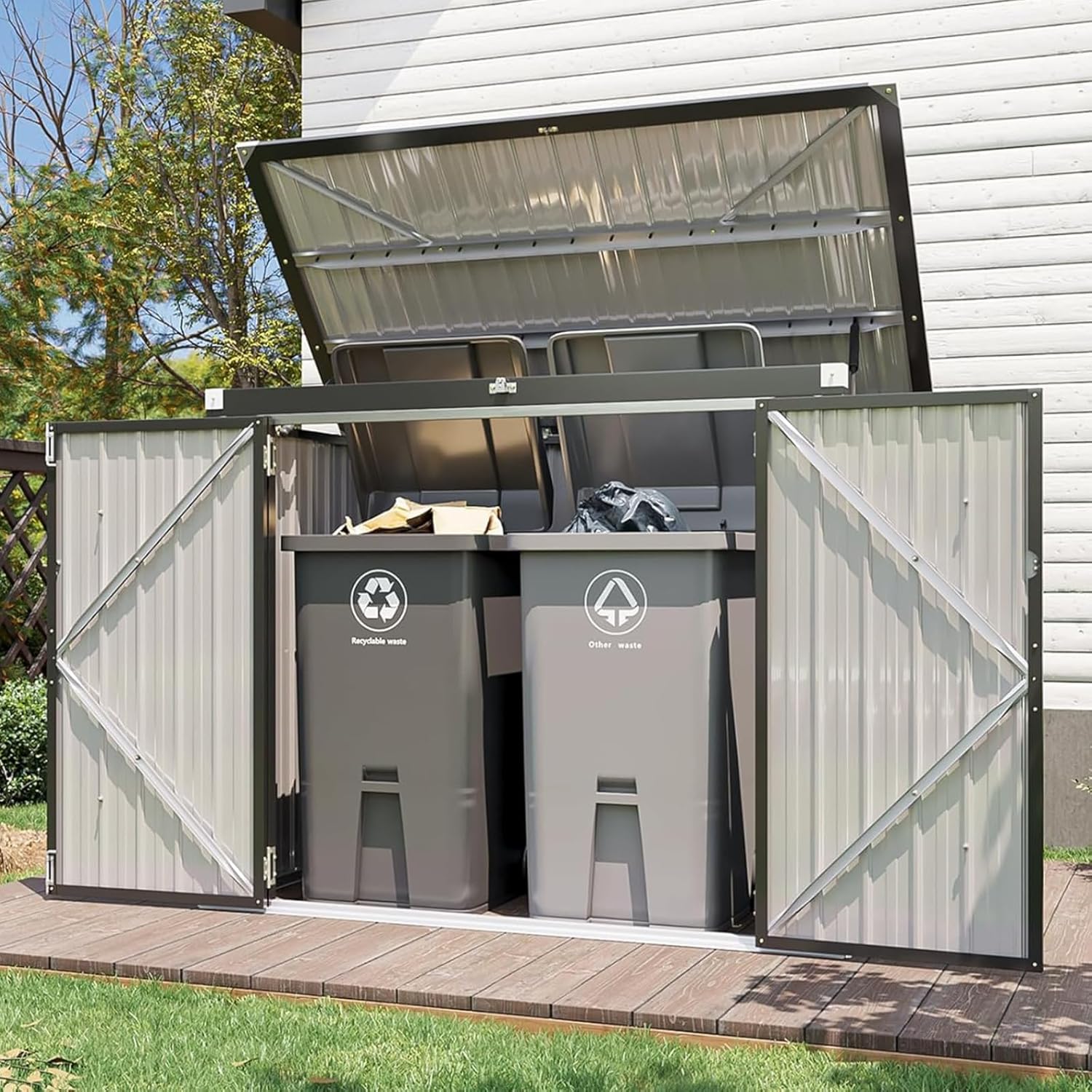80立方フィートの金属製屋外収納小屋 チェーン蓋付き 防水ゴミ箱オーガナイザー 2箱用 おもちゃ ガーデンツール カスタマイズ