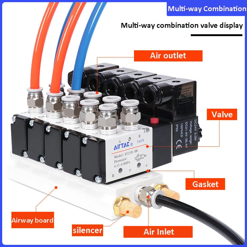 電磁弁マルチウェイコンビネーション 4V210-08 マニホールド連数 DC12V 24V AC220V 継手付き 5 ポート 2 ポジション電磁弁