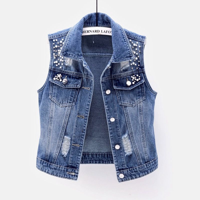 女性ラペルジャケットヴィンテージデニムベストルーズフィットビーズ装飾シングルブレストホップストリート女性のための秋/春チョッキ