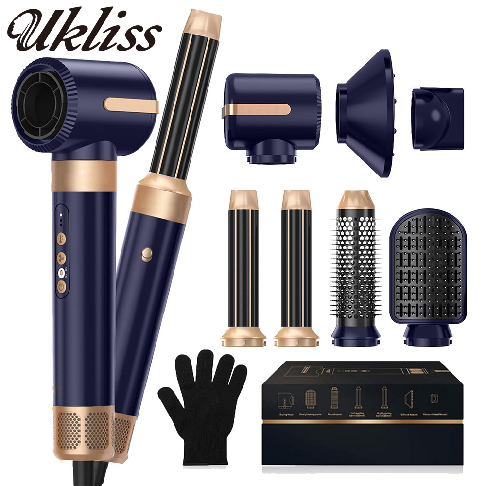 UKLISS ヘアドライヤー ブラシ 7 in 1、ヘアアイロン付きエアスタイラーセット、ラウンドブラシ、ストレートアイロン 女性用