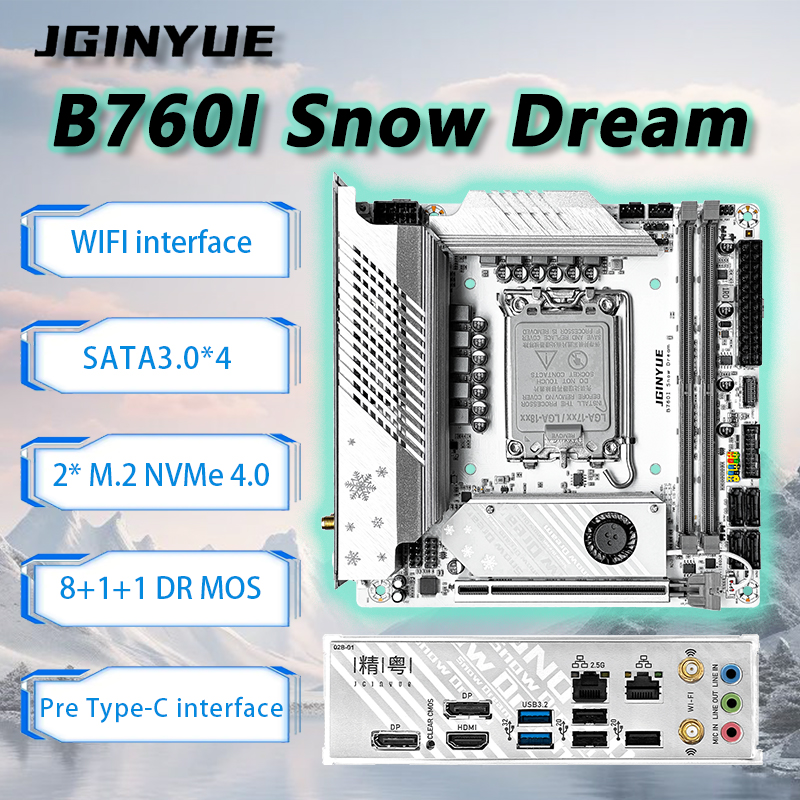 JGINYUE B760I スノードリーム WiFi6 Mini-ITX マザーボード LGA1700 DDR4 サポート 12/13/14th cpu 13400F/12600K/13600K/14600K ゲーム