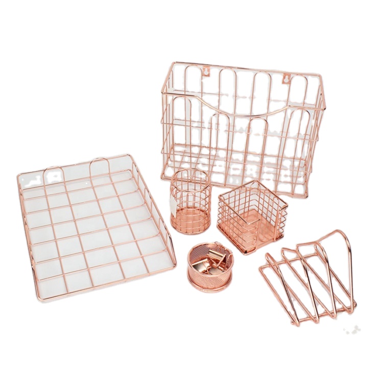 OEM&Wholesaler Office&home Supply 6 Pcs Table Rose Gold Metal Desk Organizer Stationary Set