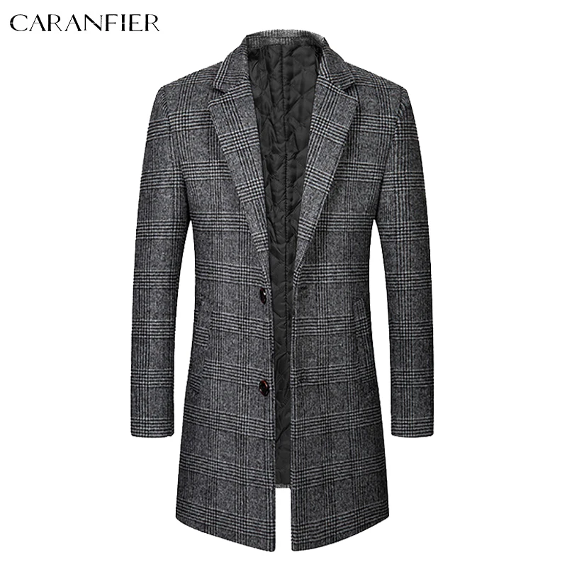 CARANFIER メンズウールブレンド冬のチェック柄コート厚い綿男性ジャケットロング男性固体防風ラペルクラシック生き抜く EU サイズ
