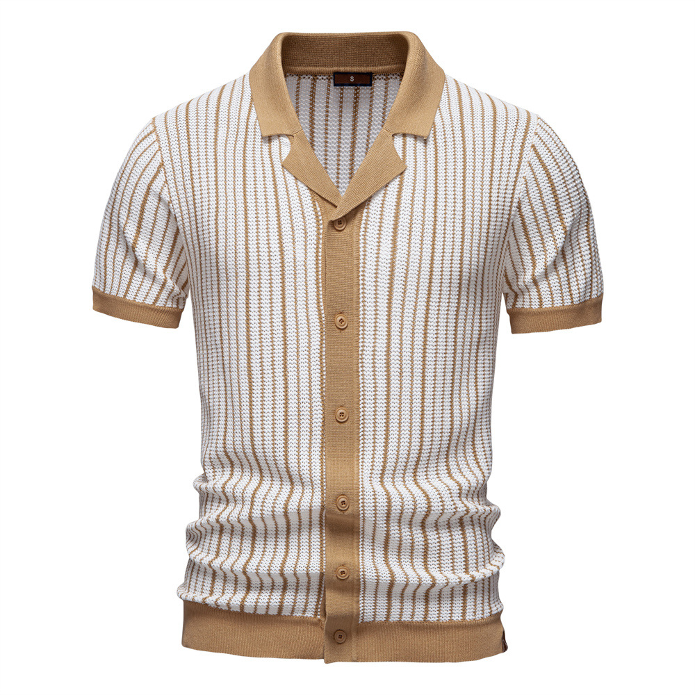 Summer New Style Knitted Short-Sleeved Polo Shirt for Men, Single-Breasted Top, Striped, Fashionable, Versatile and Breathable.