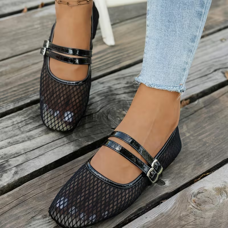 New Mesh Mary Jane Flats Women Balletcore Breathable Square Toe Ballet Flats Double Buckle Strap Summer Walking Shoes for Ladies